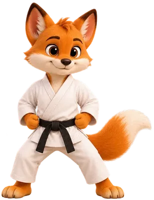 Piko, the PDPQuest fox, in a black-belt karate gi